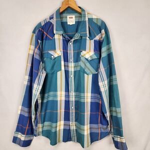 Levi's Mens Blue Pearl Snap Button Plaid Western Shirt Size 2XL Long Sleeve